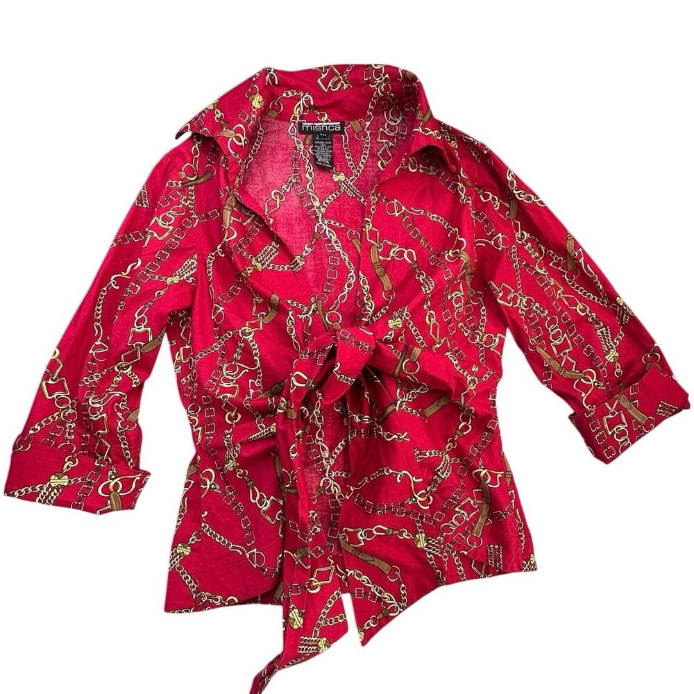 Mishca Chain Print Tie Front Blouse Red Gold